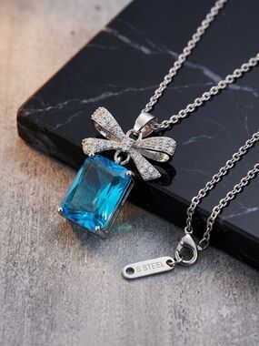 Stainless-Steel Blue Crystal Bow Pendant Necklace